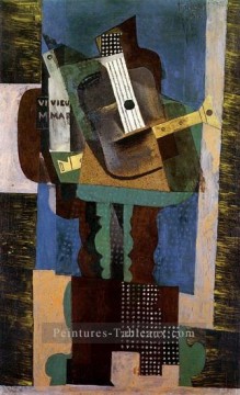  bouteille Art - Guitare clarinette et bouteille sur une table 1916 Cubisme